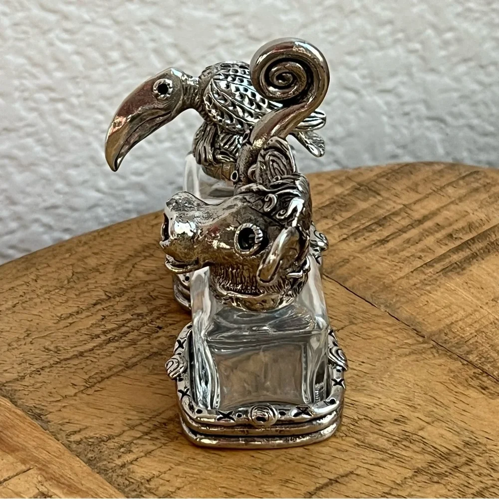 AST Pewter Salt Pepper Shakers Animal Head Glass Cow Bull Crow Bird of Prey